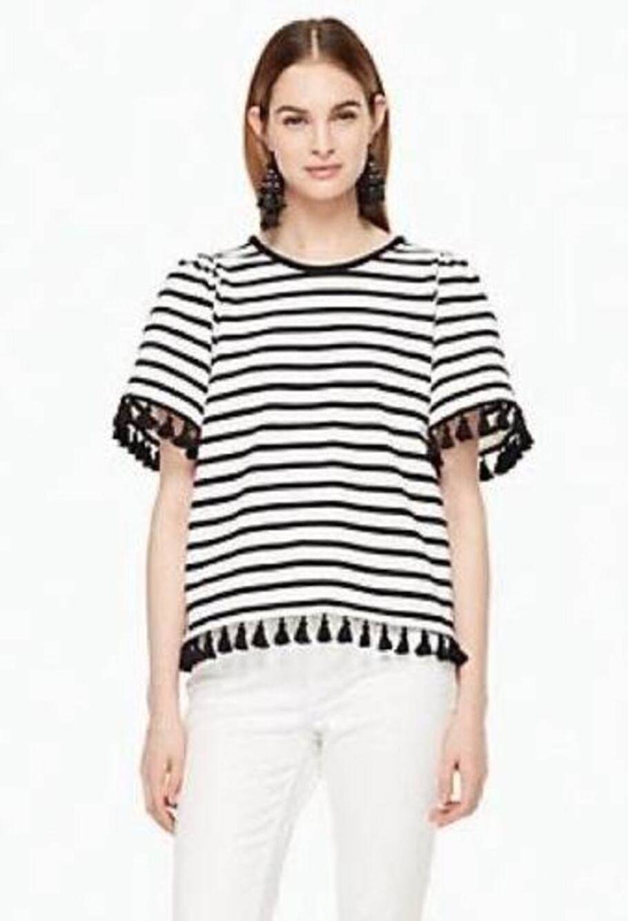 KATE SPADE Broome Street Striped Tassel Trim Top Size Small Black & Off White